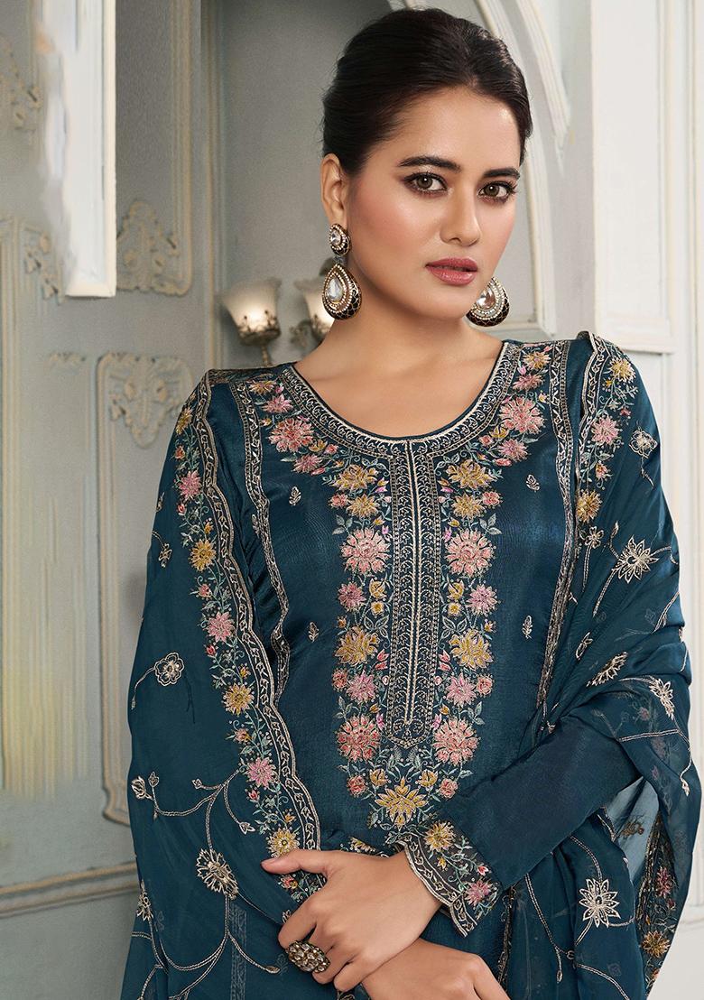 Blue Embroidered Art Silk Salwar Kameez With Dupatta