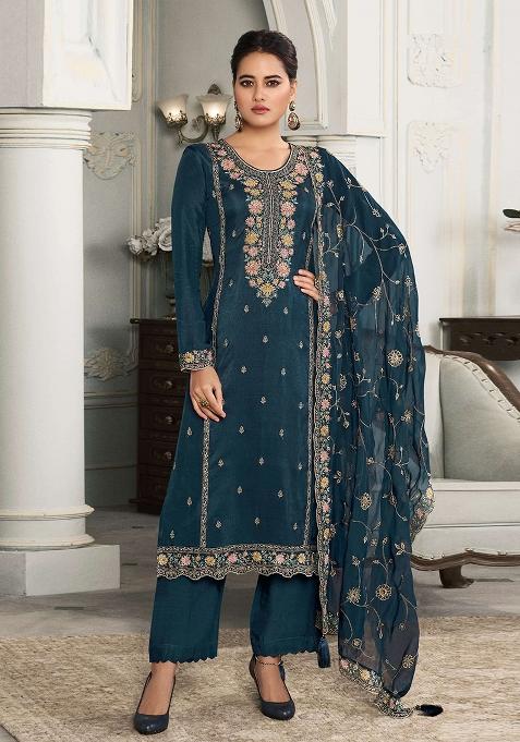 Blue Embroidered Art Silk Salwar Kameez With Dupatta