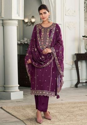 Purple Embroidered Art Silk Salwar Kameez With Dupatta