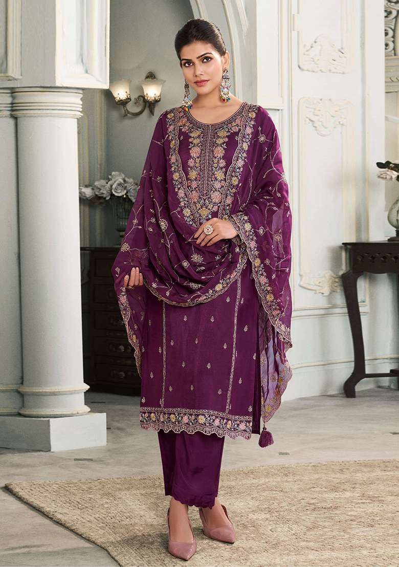 Purple Embroidered Silk Pakistani Suit Set - Indya