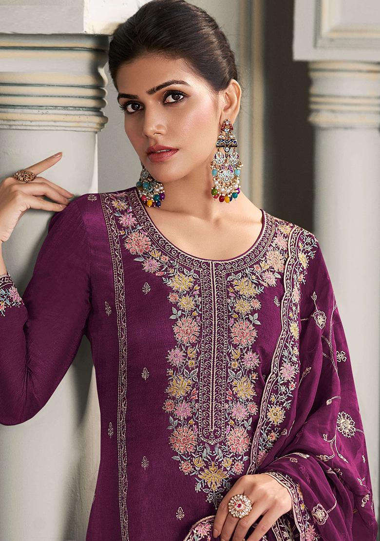 Purple Embroidered Art Silk Salwar Kameez With Dupatta