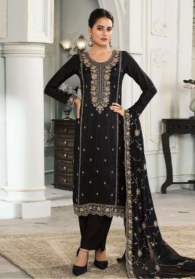 Black Embroidered Art Silk Salwar Kameez With Dupatta