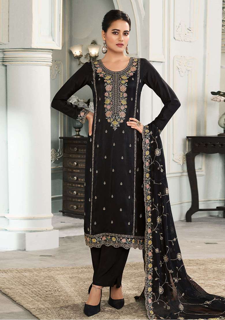 Black Embroidered Silk Pakistani Suit Set - Indya