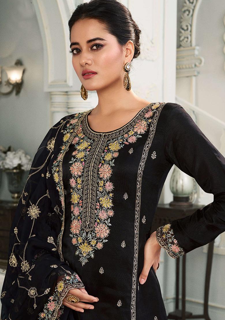 Black Embroidered Art Silk Salwar Kameez With Dupatta