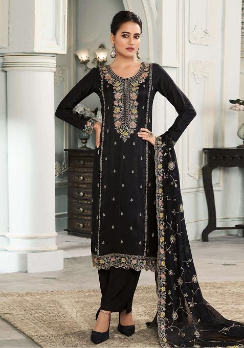 Black Embroidered Art Silk Salwar Kameez With Dupatta
