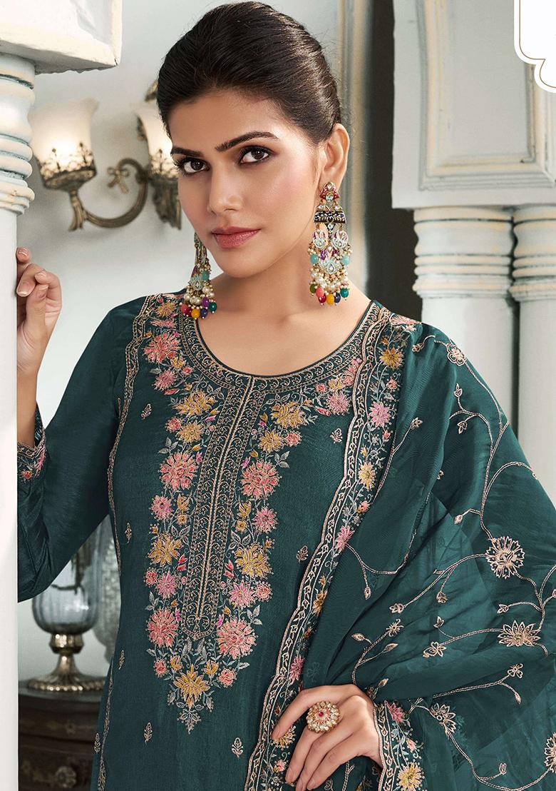 Green Embroidered Art Silk Salwar Kameez With Dupatta