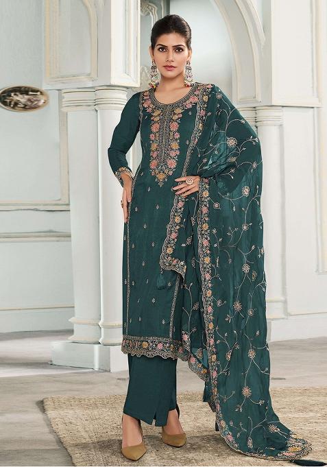 Green Embroidered Art Silk Salwar Kameez With Dupatta