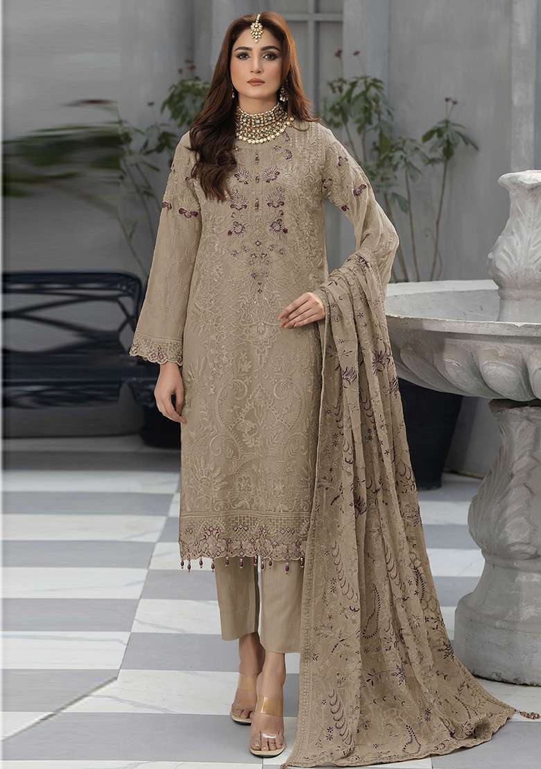 Beige Embroidered Georgette Pakistani Suit Set - Indya