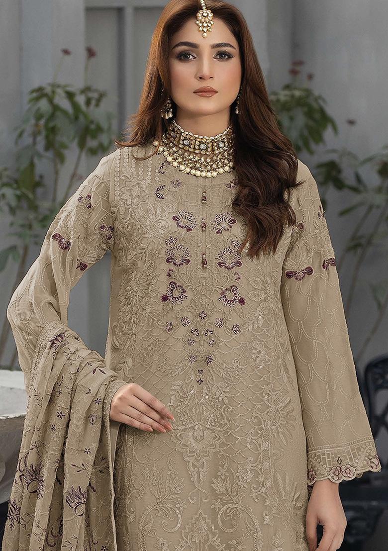 Beige Embroidered Georgette  Pakistani Salwar Kameez With Dupatta