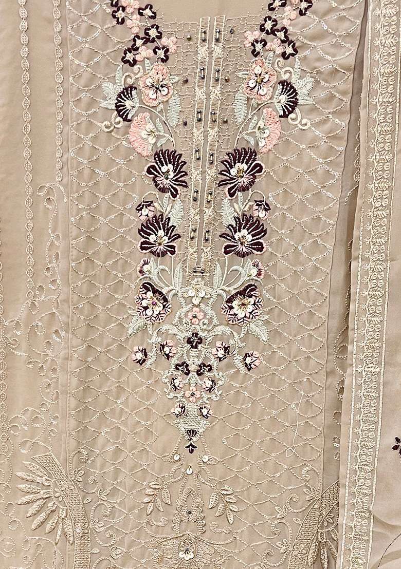 Beige Embroidered Georgette Pakistani Suit Set - Indya