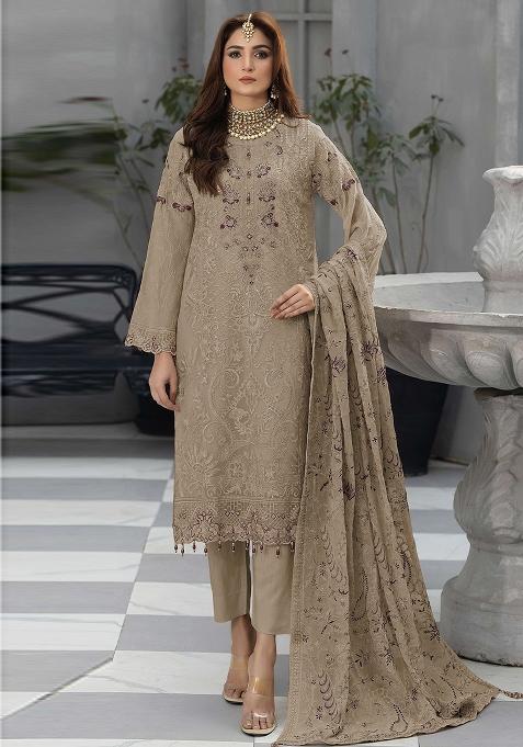 Beige Embroidered Georgette  Pakistani Salwar Kameez With Dupatta