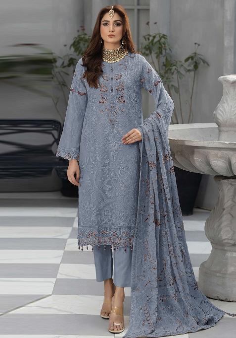 Grey Embroidered Georgette  Pakistani Salwar Kameez With Dupatta