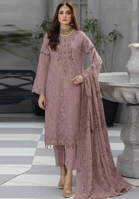 Mauve Embroidered Georgette  Pakistani Salwar Kameez With Dupatta