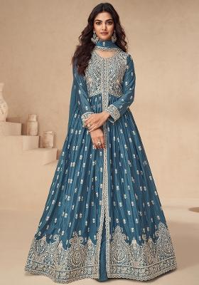 Blue Embroidered Chinon Anarkali Set With Dupatta