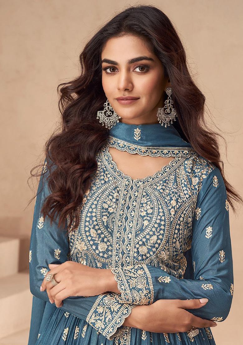 Blue Embroidered Chinon Anarkali Set With Dupatta