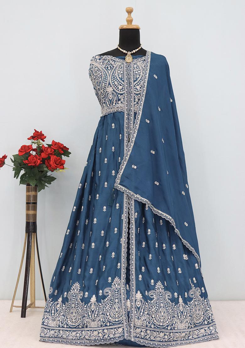 Blue Embroidered Chinon Anarkali Set With Dupatta