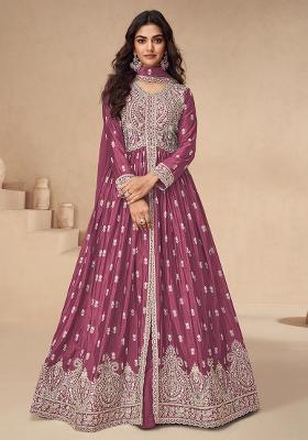 Pink Embroidered Chinon Anarkali Set With Dupatta