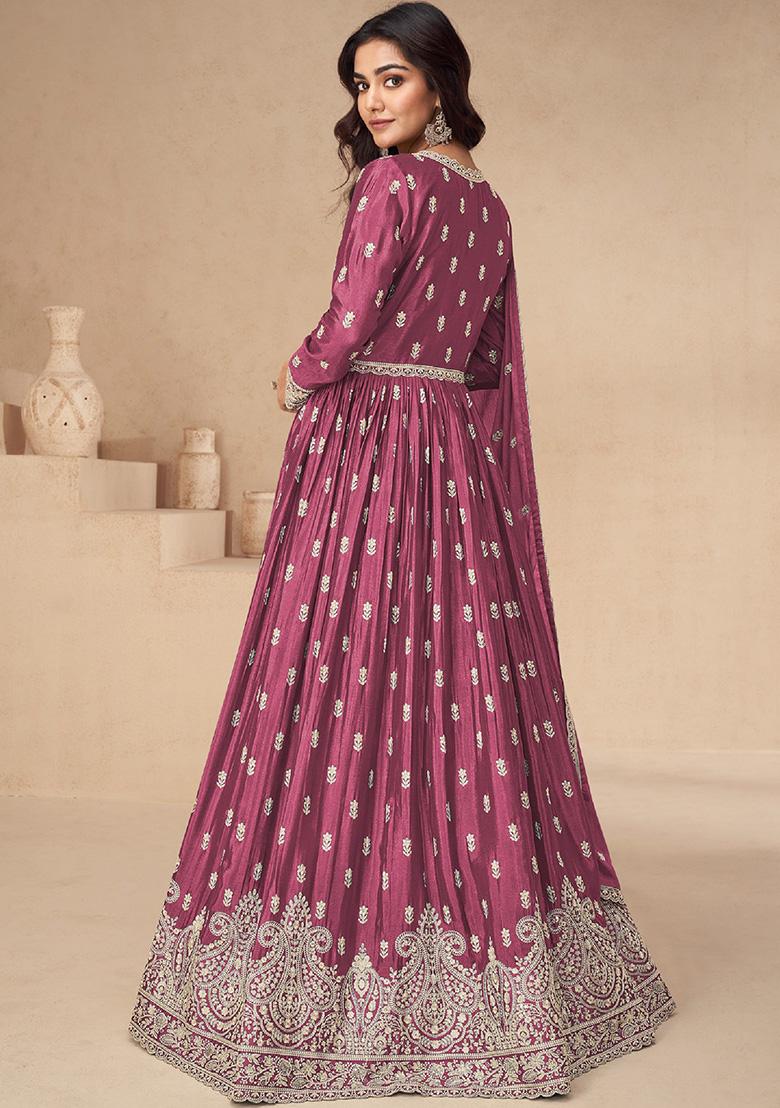 Pink Embroidered Chinon Anarkali Set With Dupatta