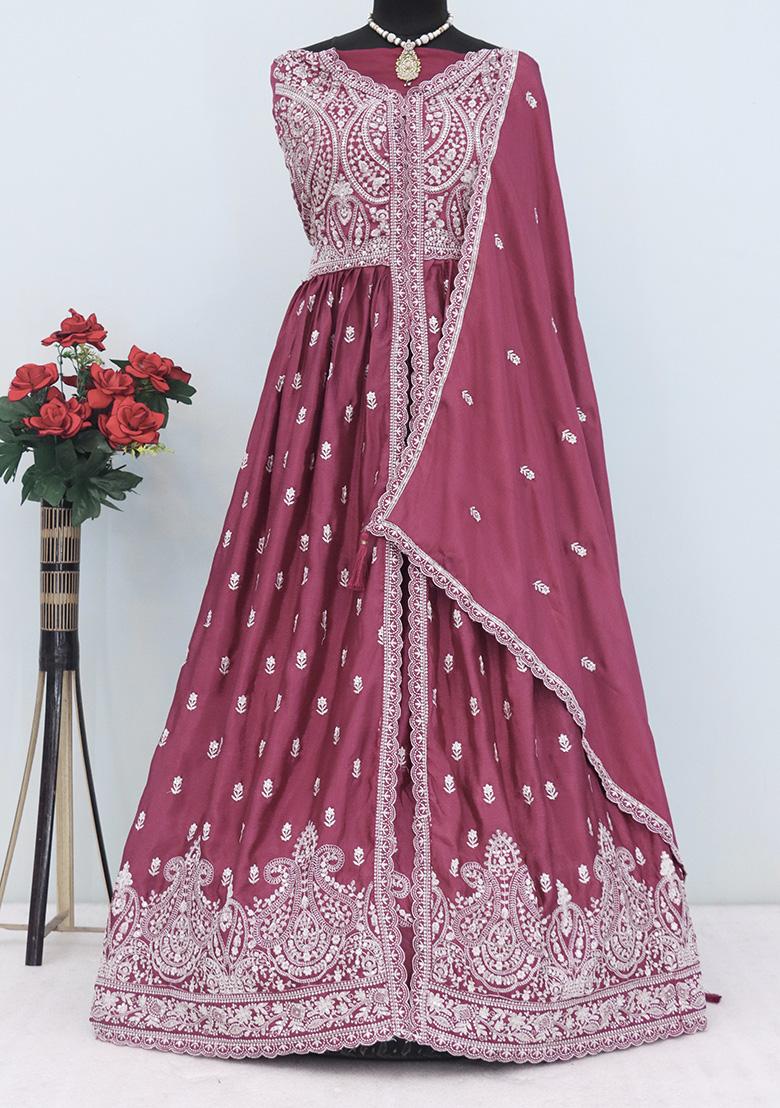 Pink Embroidered Chinon Anarkali Set With Dupatta