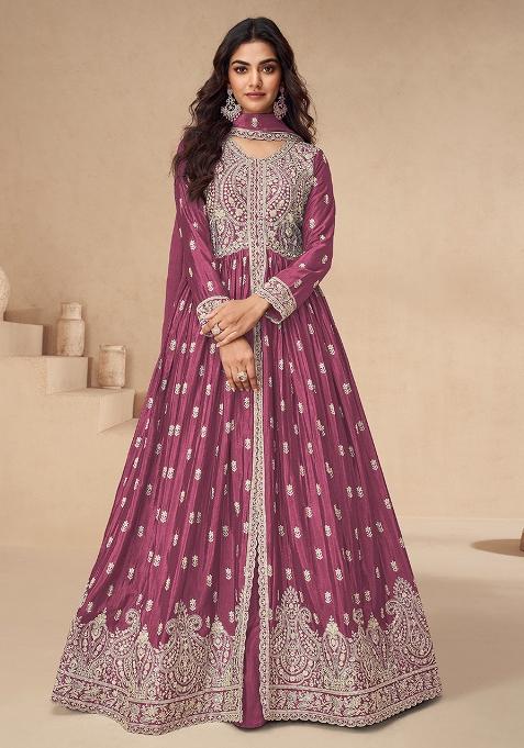 Pink Embroidered Chinon Anarkali Set With Dupatta
