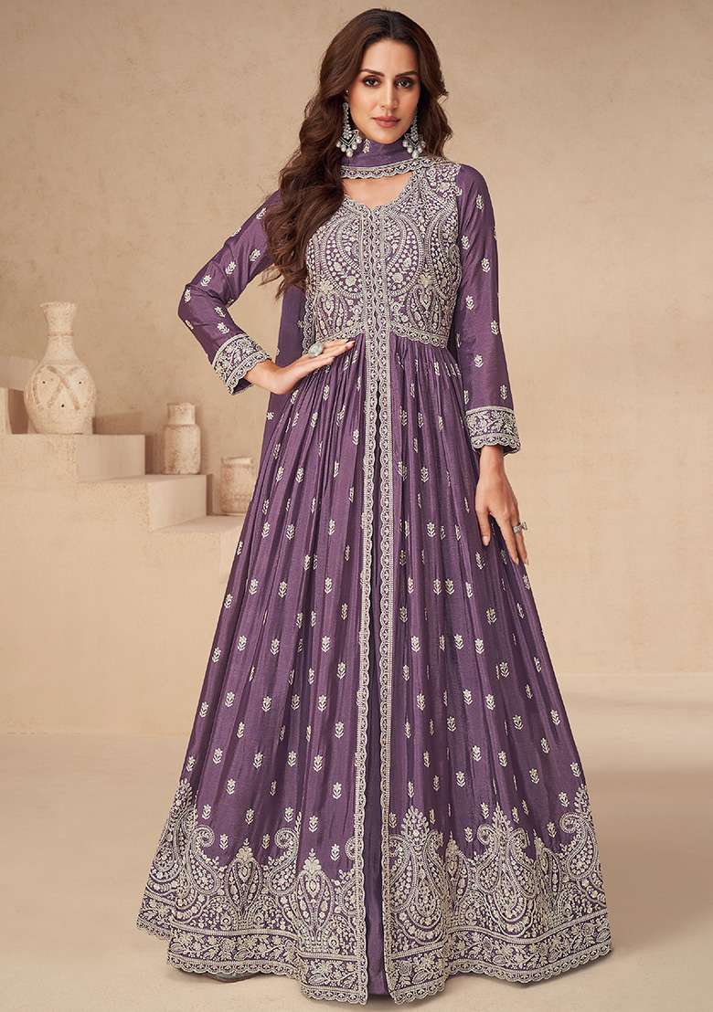 Purple Embroidered Chinon Anarkali Set - Indya