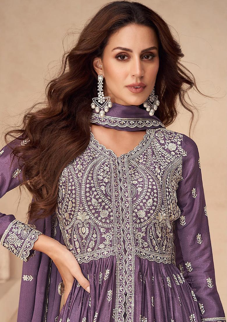 Purple Embroidered Chinon Anarkali Set With Dupatta