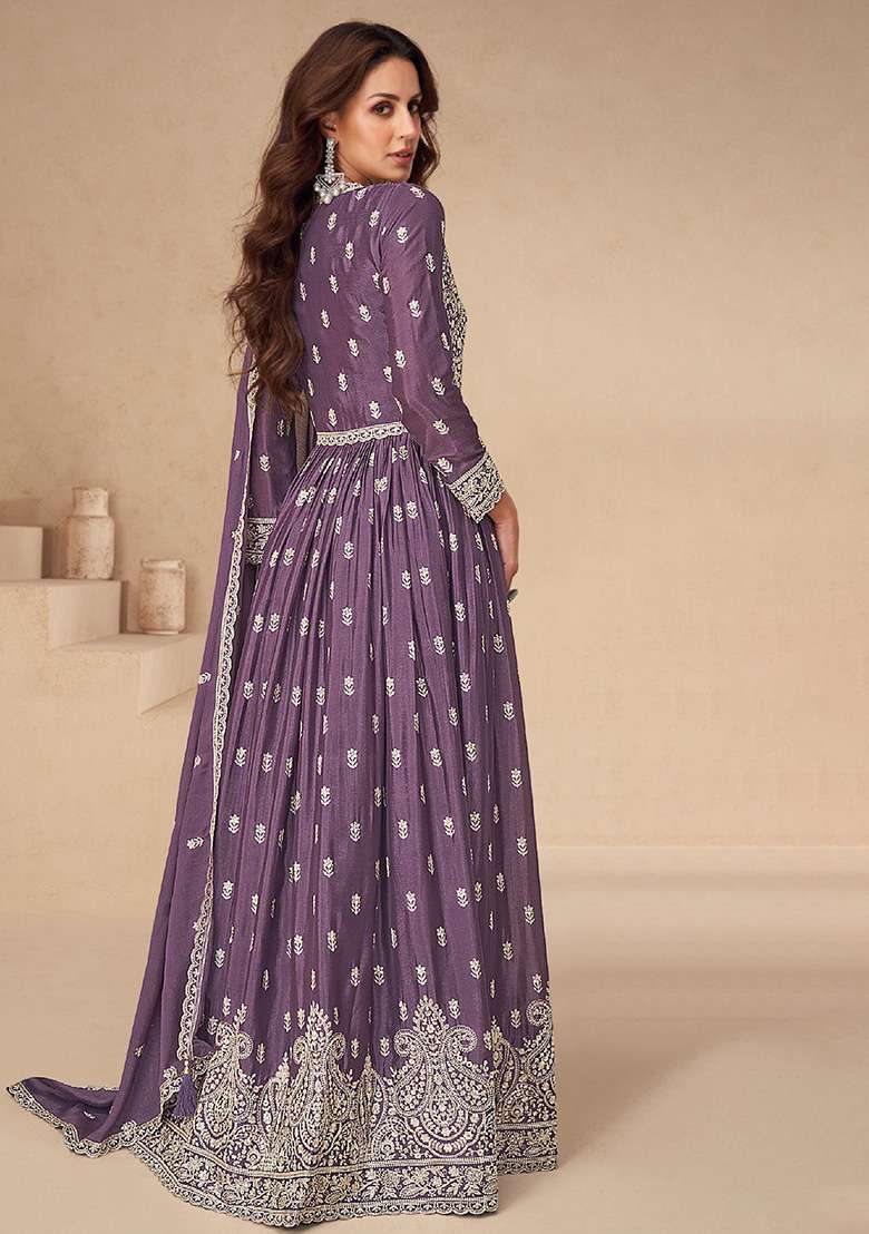 Purple Embroidered Chinon Anarkali Set - Indya