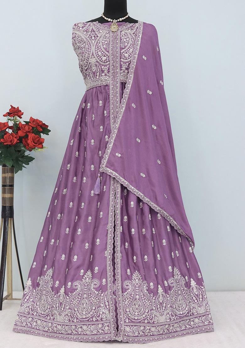 Purple Embroidered Chinon Anarkali Set With Dupatta