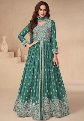 Green Embroidered Chinon Anarkali Set With Dupatta