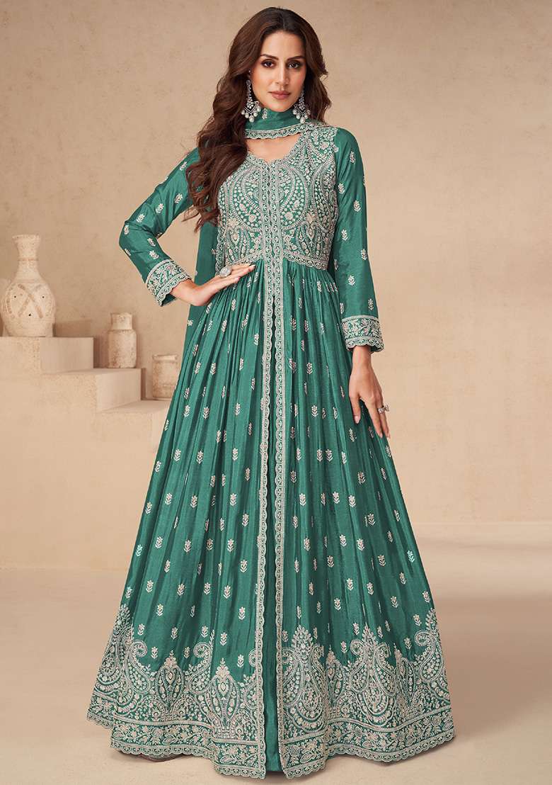 Green Embroidered Chinon Anarkali Set - Indya