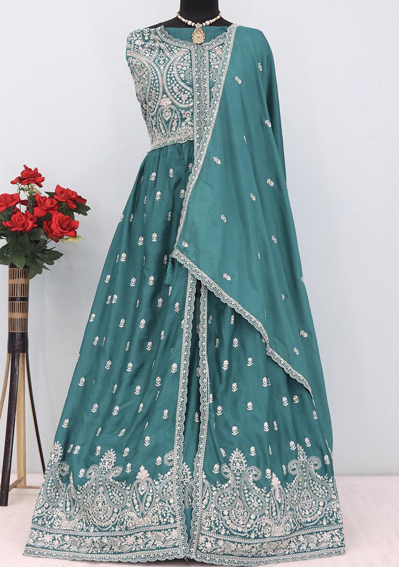 Green Embroidered Chinon Anarkali Set With Dupatta