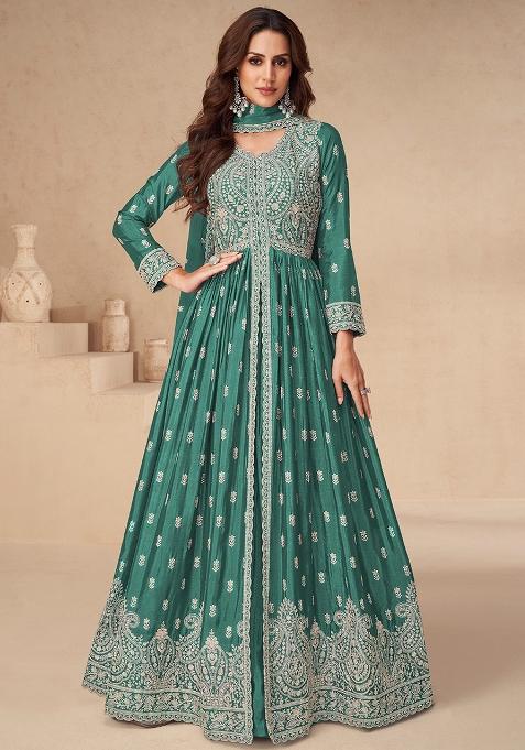 Green Embroidered Chinon Anarkali Set With Dupatta
