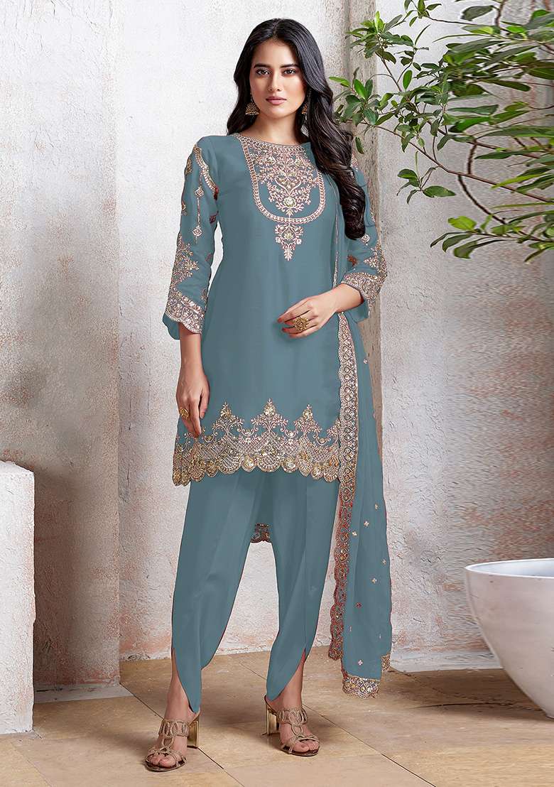 Sky Blue Embroidered Georgette Salwar Kameez With Dupatta - Indya