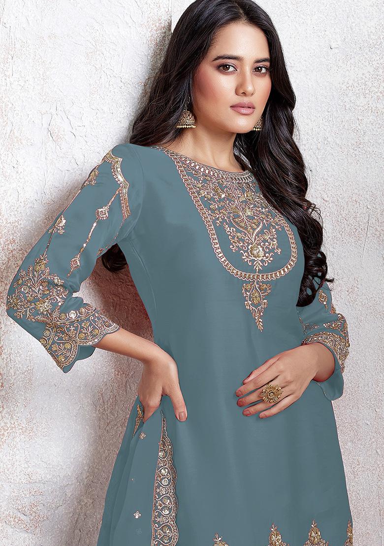 Sky Blue Embroidered Georgette Salwar Kameez With Dupatta