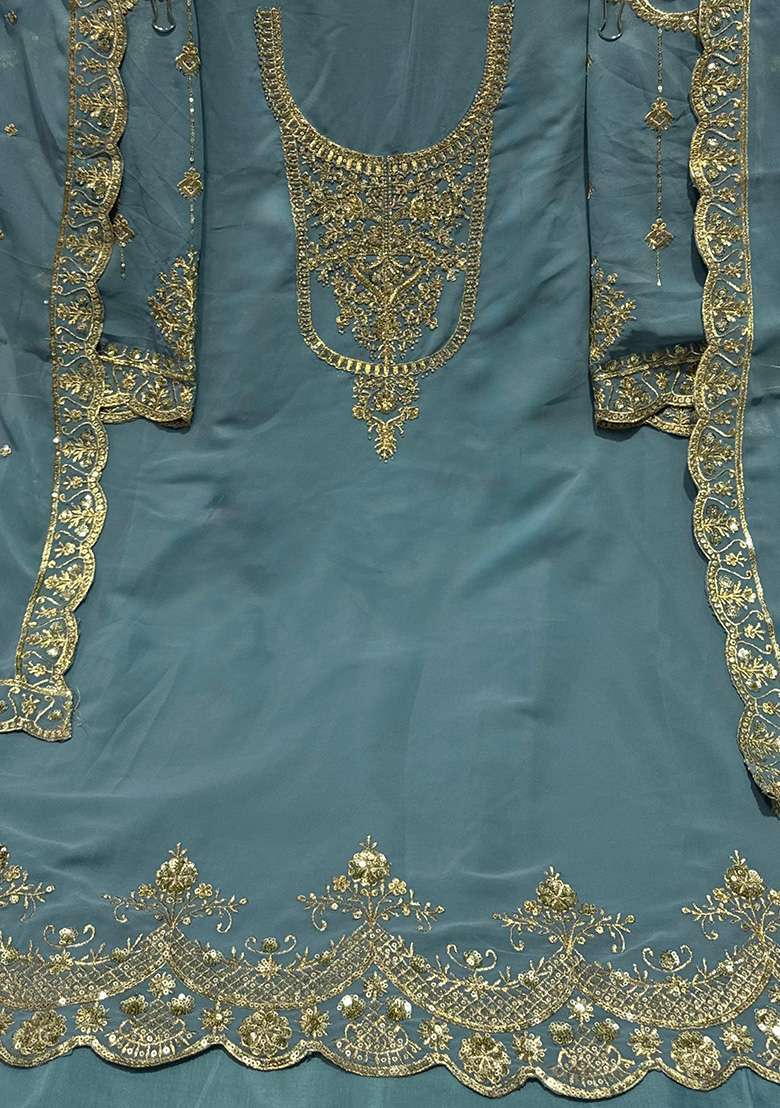 Sky Blue Embroidered Georgette Salwar Kameez With Dupatta - Indya