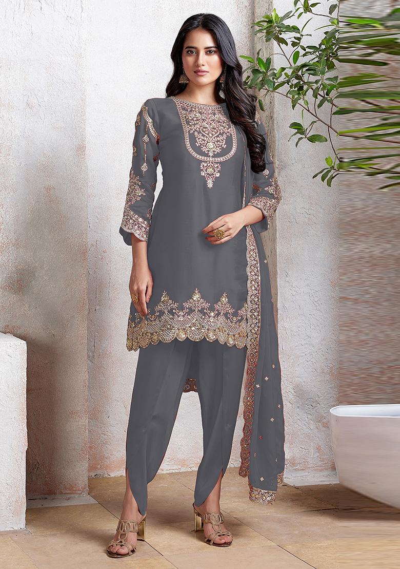 Grey Embroidered Georgette Salwar Kameez With Dupatta