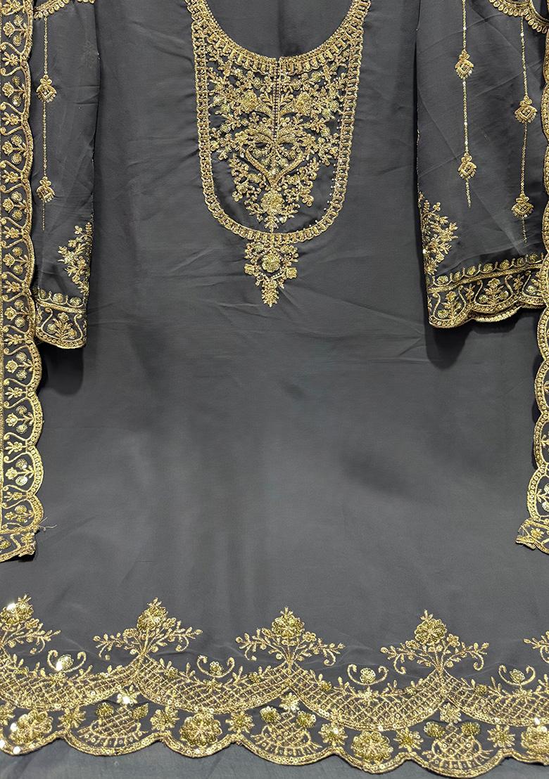 Grey Embroidered Georgette Salwar Kameez With Dupatta