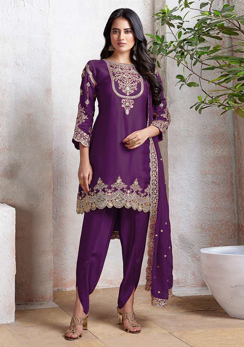 Purple Embroidered Georgette Salwar Kameez With Dupatta - Indya