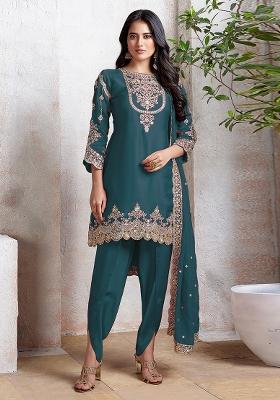Aqua Blue Embroidered Georgette Salwar Kameez With Dupatta