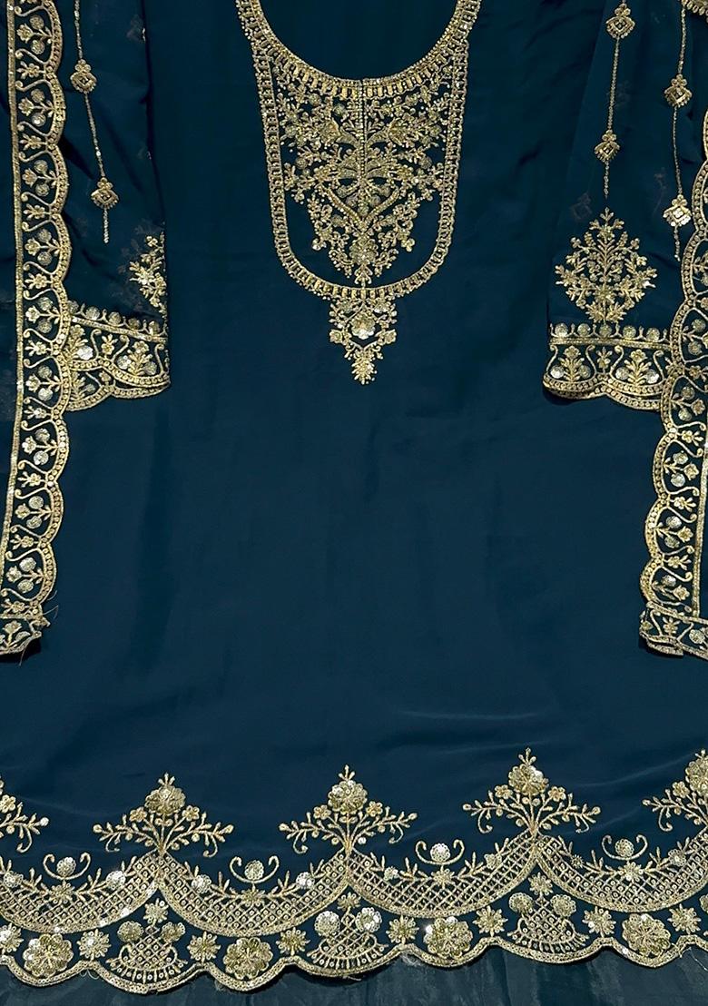 Aqua Blue Embroidered Georgette Salwar Kameez With Dupatta