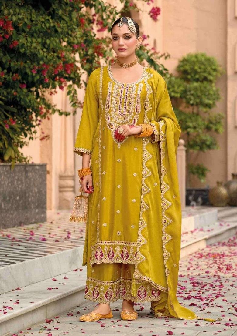 Yellow Embroidered Silk Dress Material