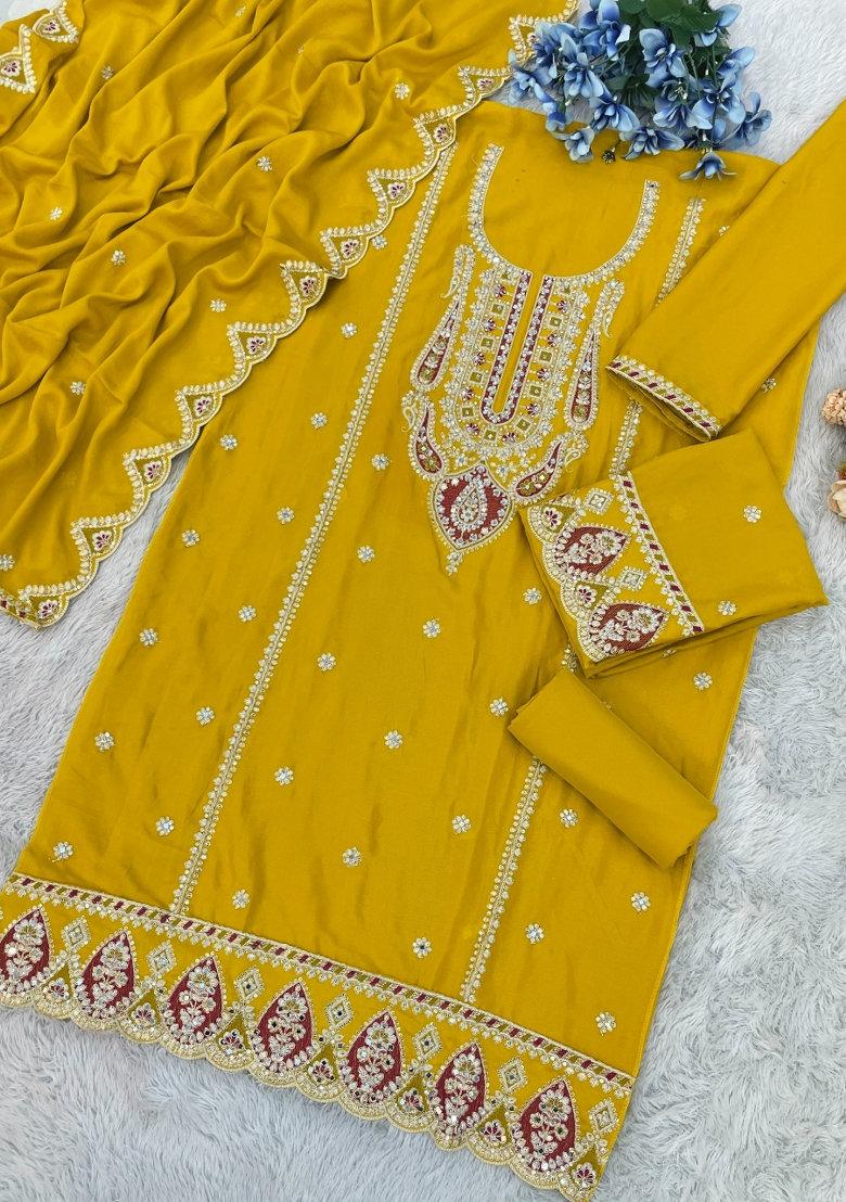 Yellow Embroidered Silk Dress Material