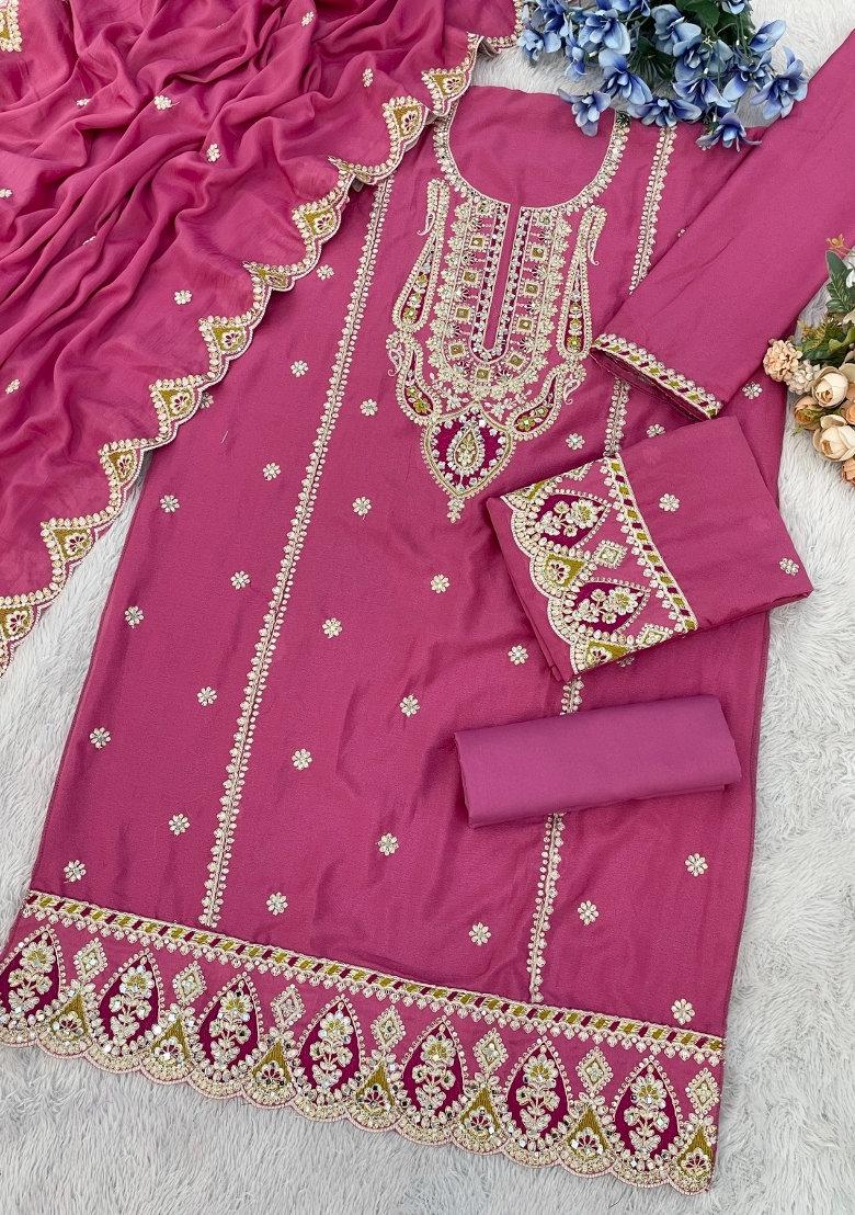 Pink Embroidered Silk Dress Material