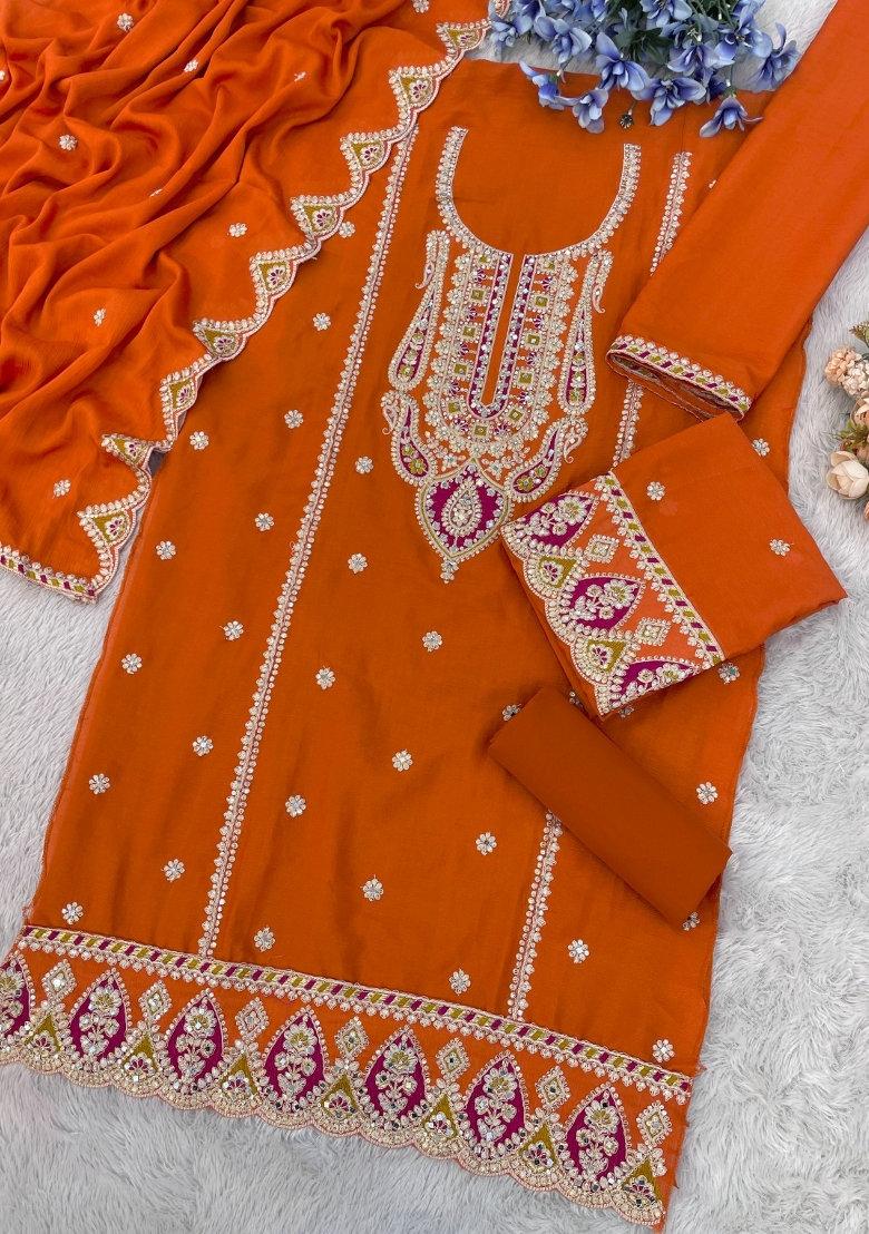 Orange Embroidered Silk Dress Material