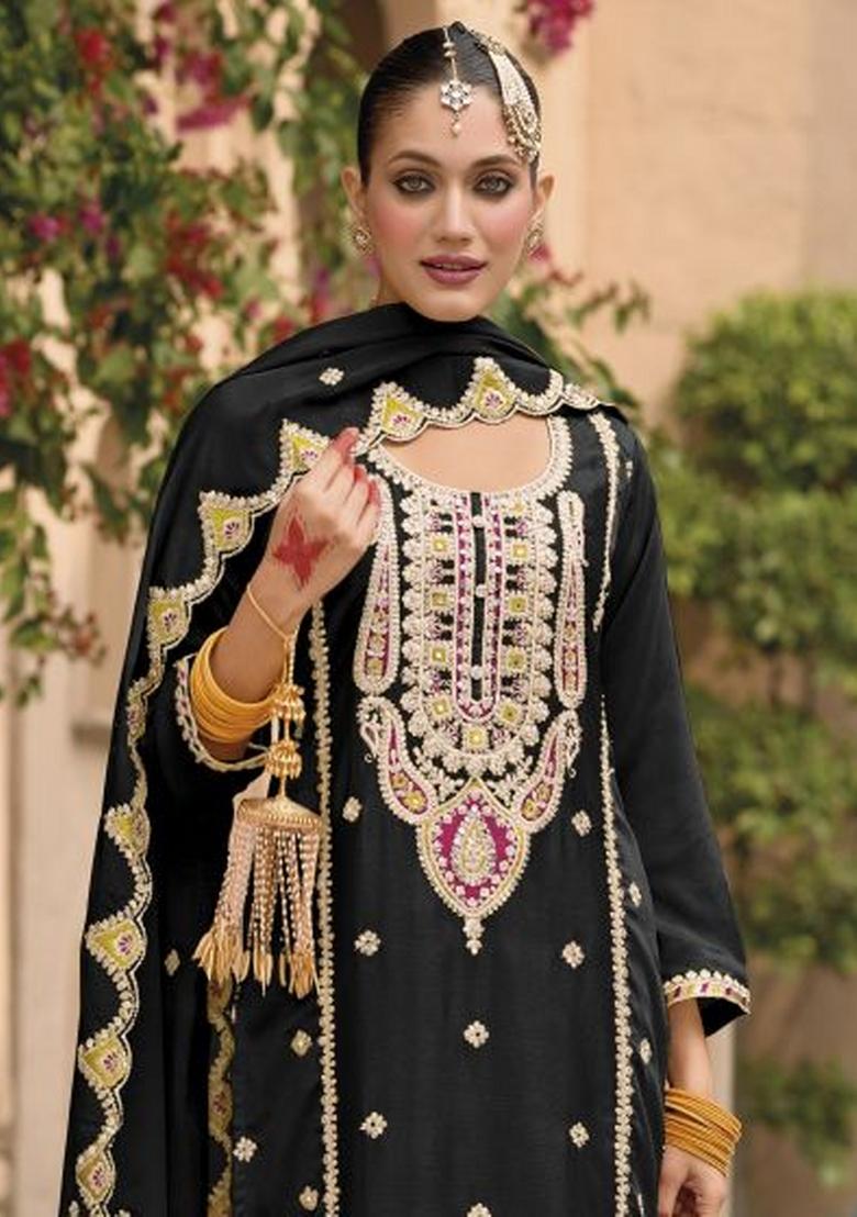 Black Embroidered Silk Dress Material