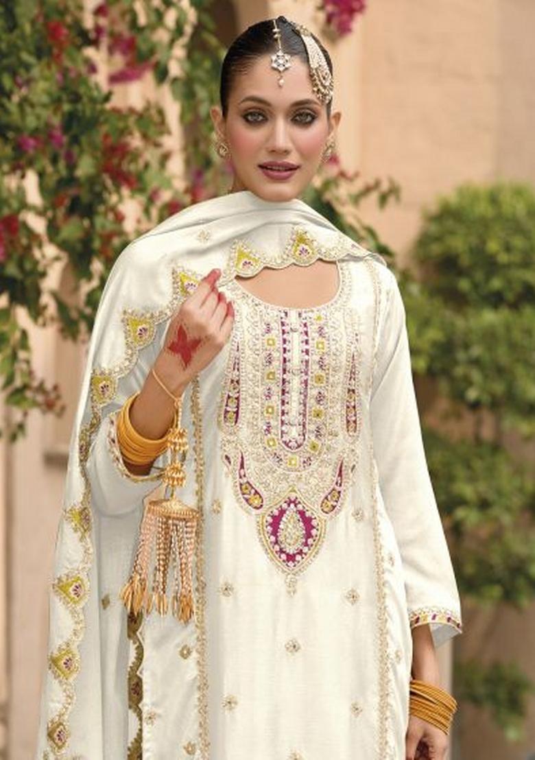 White Embroidered Silk Dress Material
