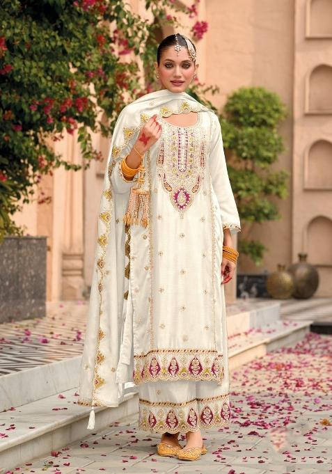 White Embroidered Silk Dress Material