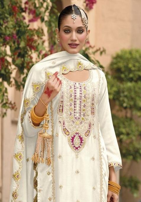 White Embroidered Silk Dress Material