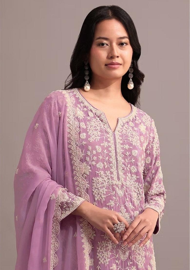 Onion Pink Embroidered Georgette Dress Material