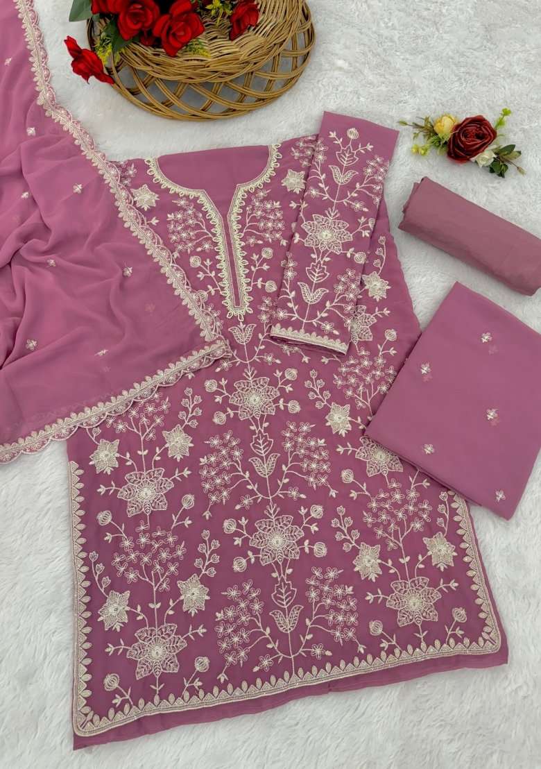 Onion Pink Embroidered Georgette Dress Material - Indya